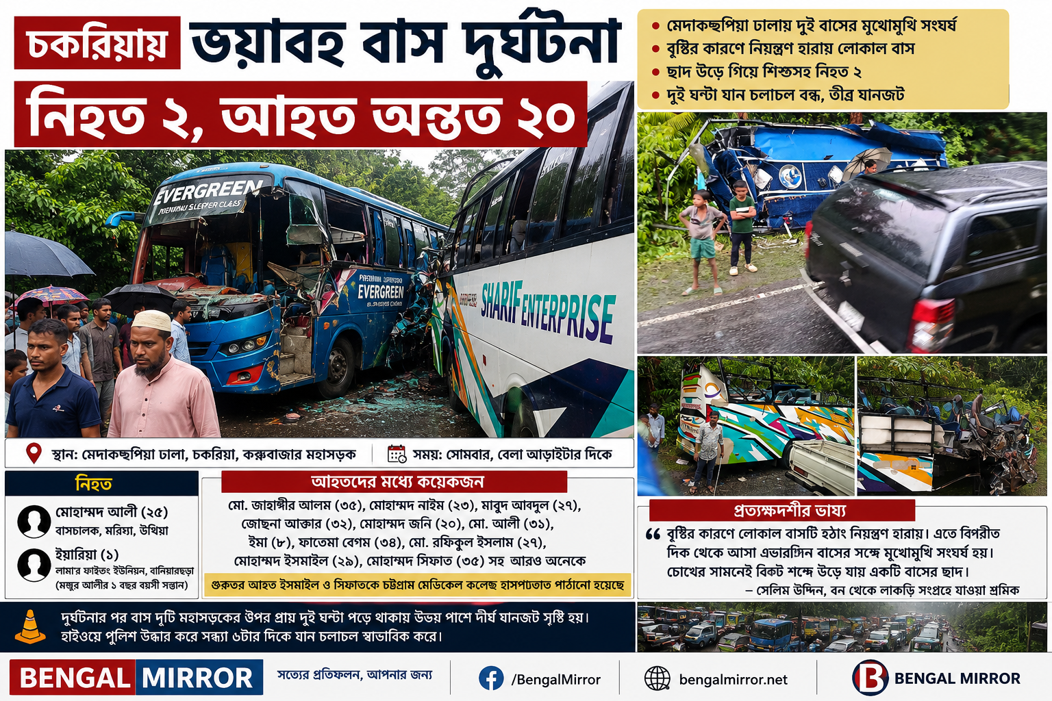 চকরিয়ায় দুই বাসের সংঘর্ষে ছাদ উড়ে গেল, ভয়াবহ দুর্ঘটনায় নিহত শিশু ও বাসচালক, আহত অন্তত ২০